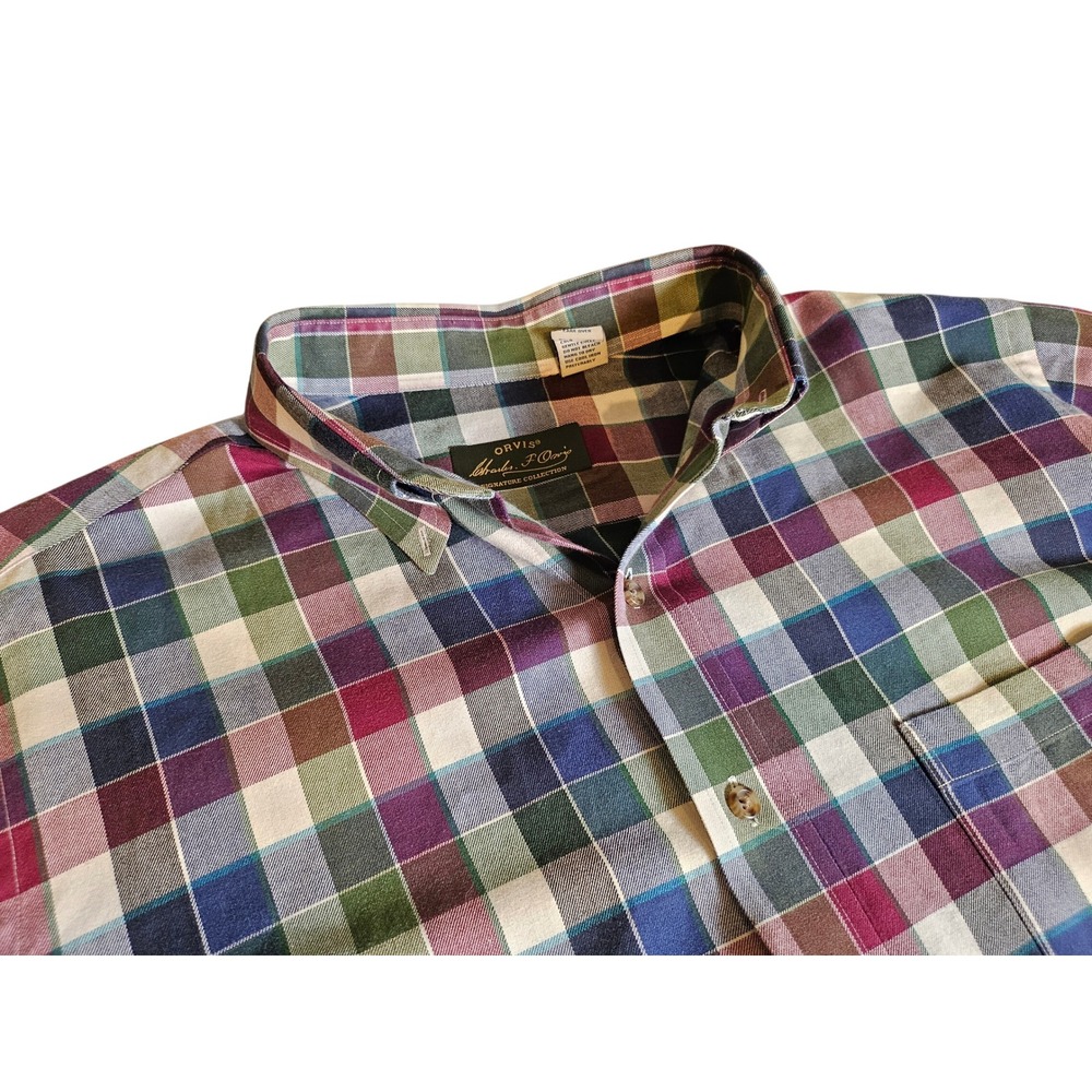 Orvis Button Down Shirt Mens L Multi Color Plaid Cotton Wool Blend Long Sleeve